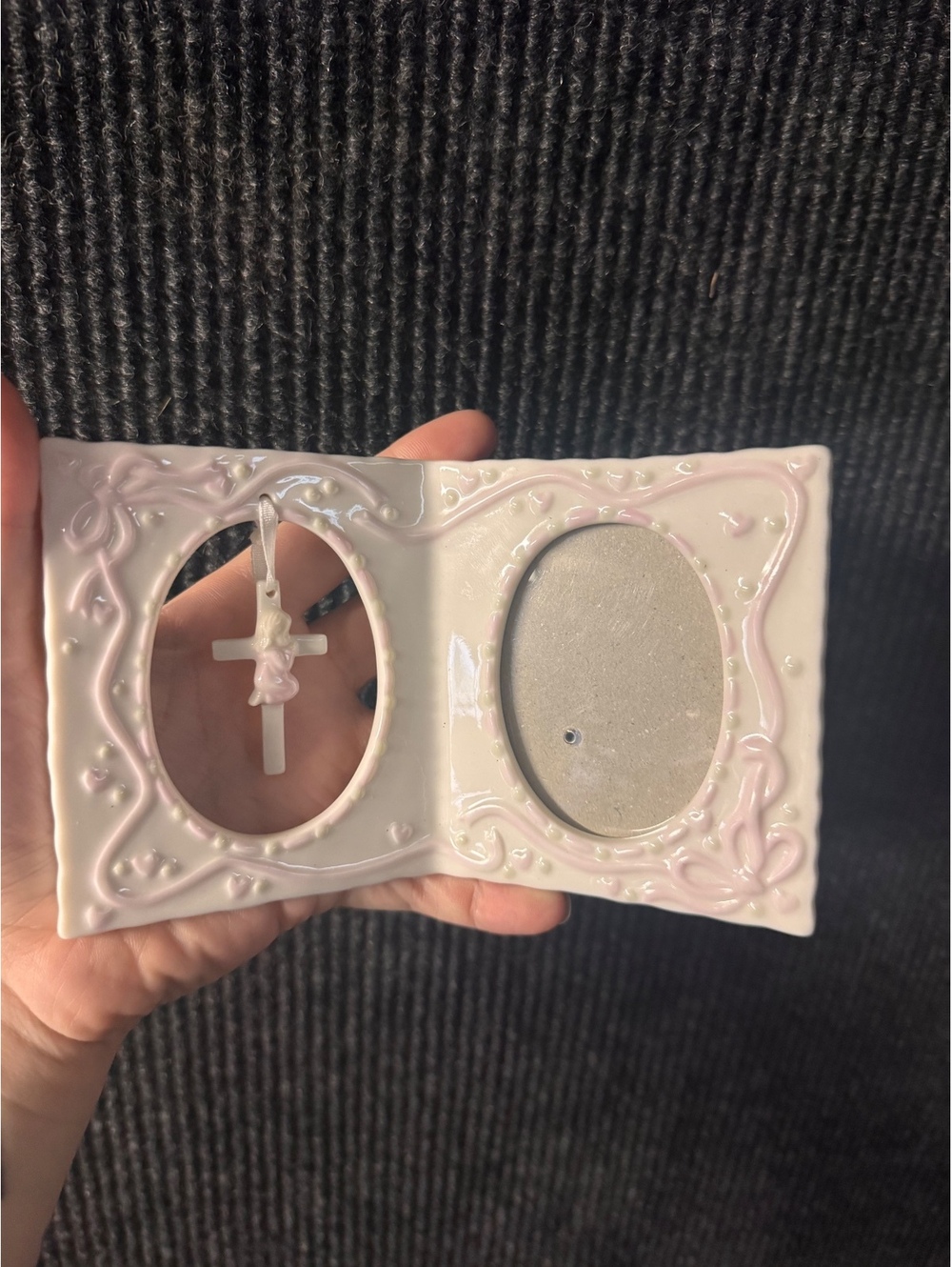 Vintage Ceramic Double Picture Frame with Cross Ornament